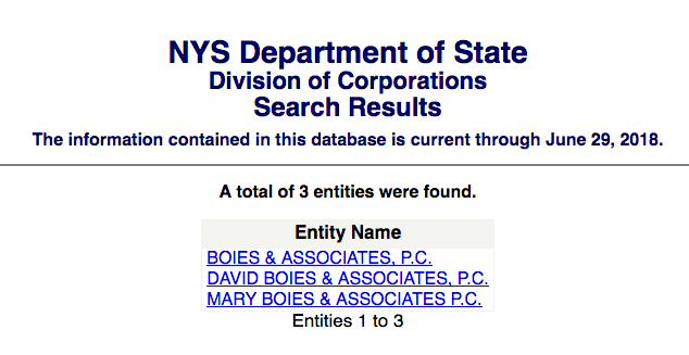New York registrar records on Boies companies