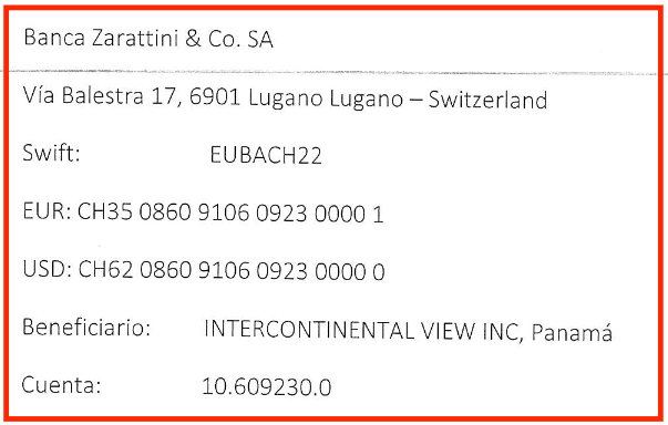Banca Zarattini's Intercontinental View Inc account.