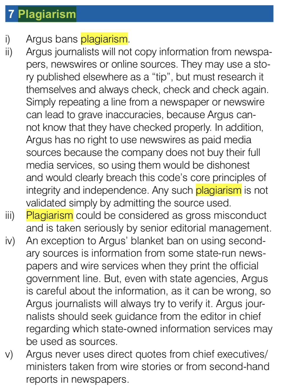 Argus Media Plagiarism Policy