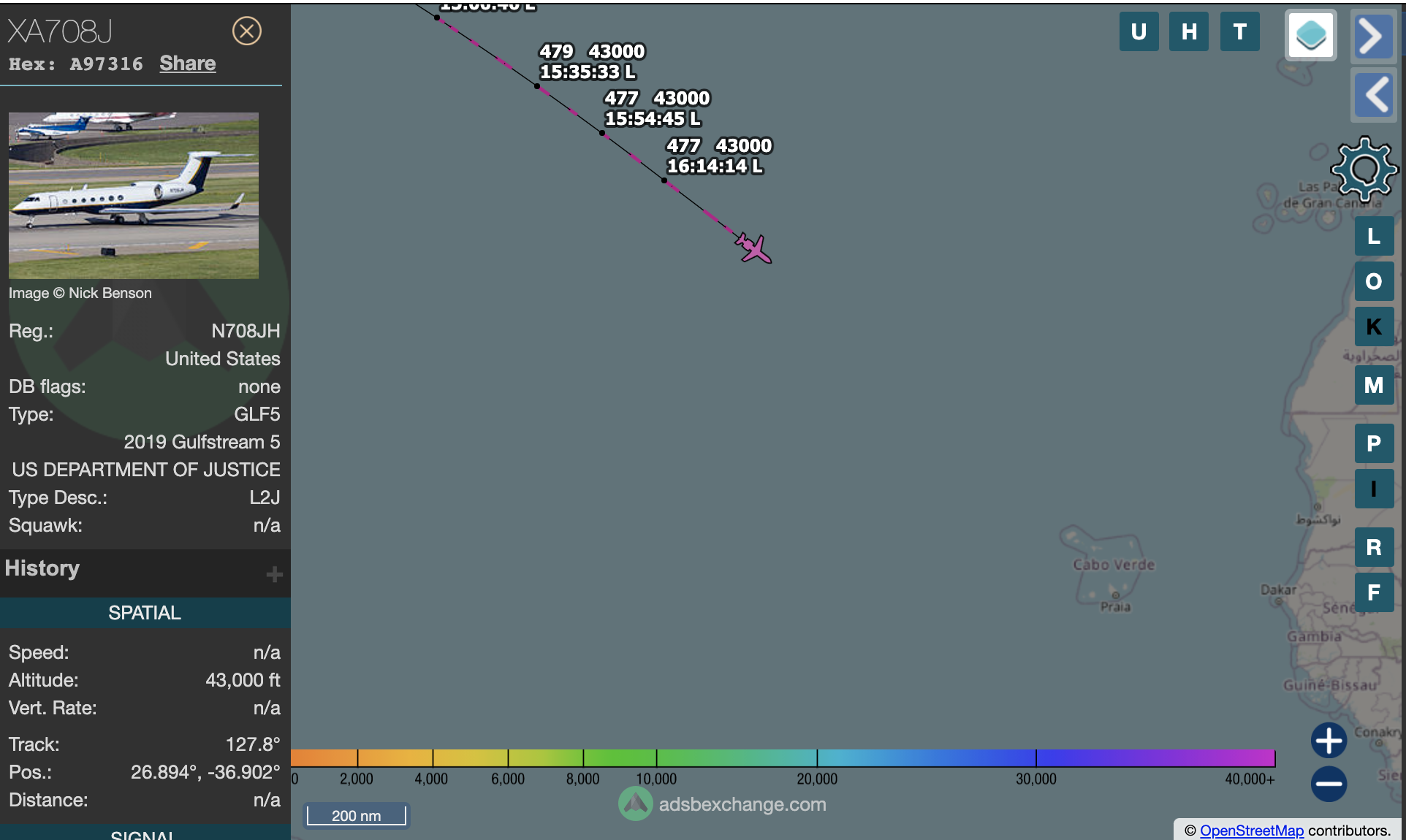 DoJ's N708JH en route to pick up Alex Saab