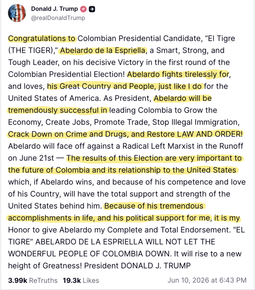 Donald Trump endorses Abelardo de la Espriella