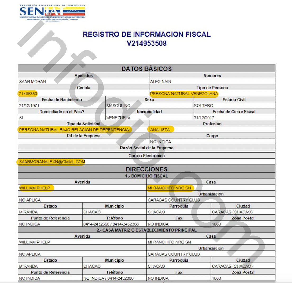 Alex Saab tax authority information (SENIAT) 