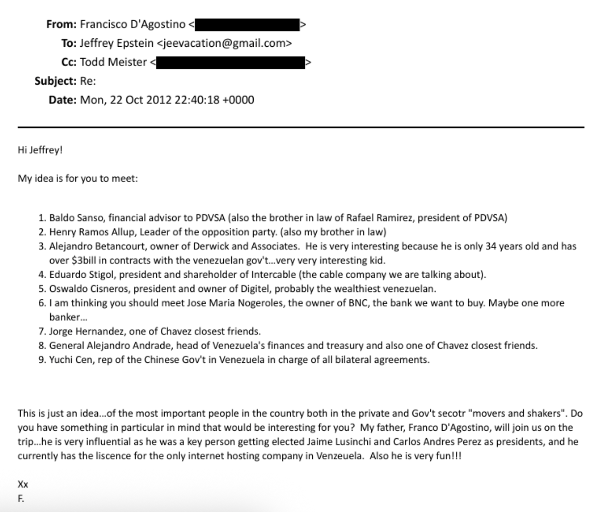 Francisco D'Agostino proposed meetings in Caracas for Jeffrey Epstein 