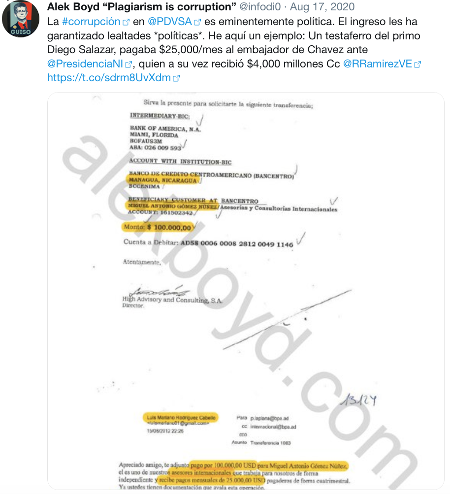 Diego Salazar (Rafael Ramirez's cousin) pays bribes to Miguel Antonio Gomez Nuñez