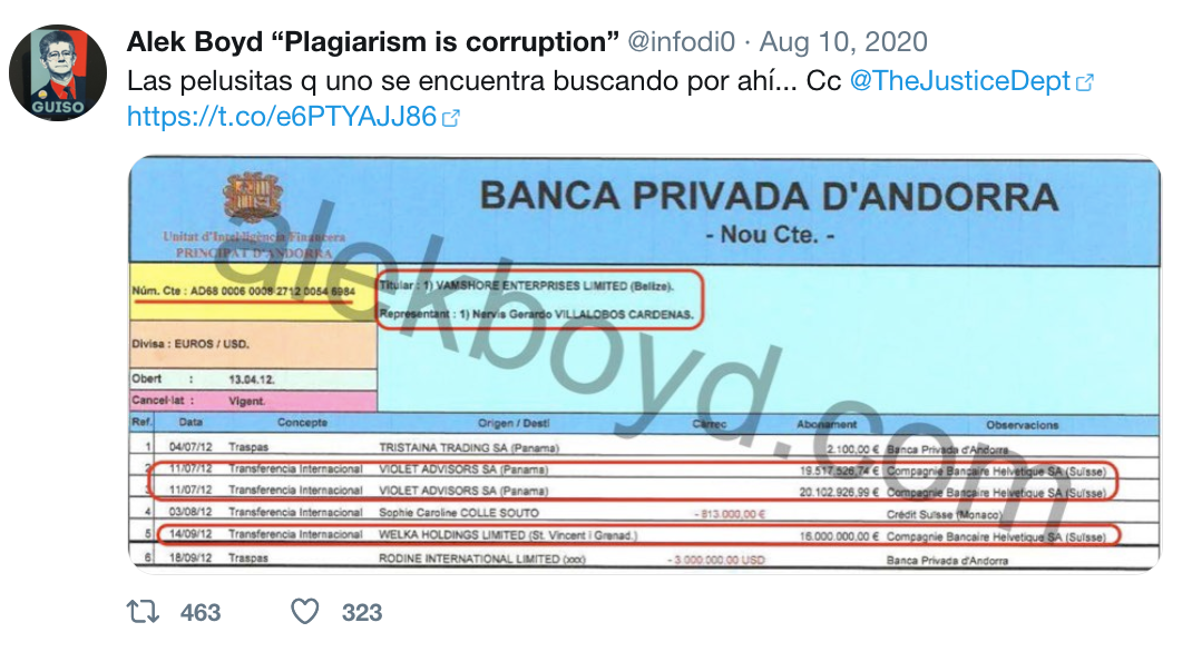 Luis Oberto bribe to Nervis Villalobos paid at Banca Privada d'Andorra