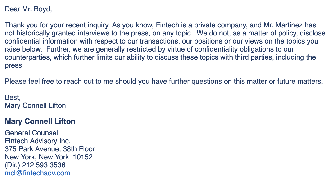 Fintech Advisory Inc's Mary Connell Lifton reply to comment request re Venezuela sovereign debt.