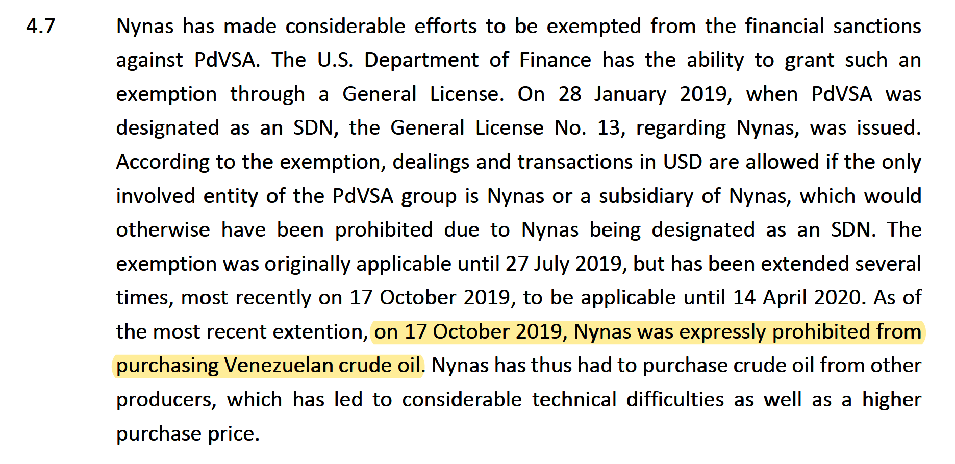 U.S. Treasury probibits Nynas to purchase Venezuelan crude oil