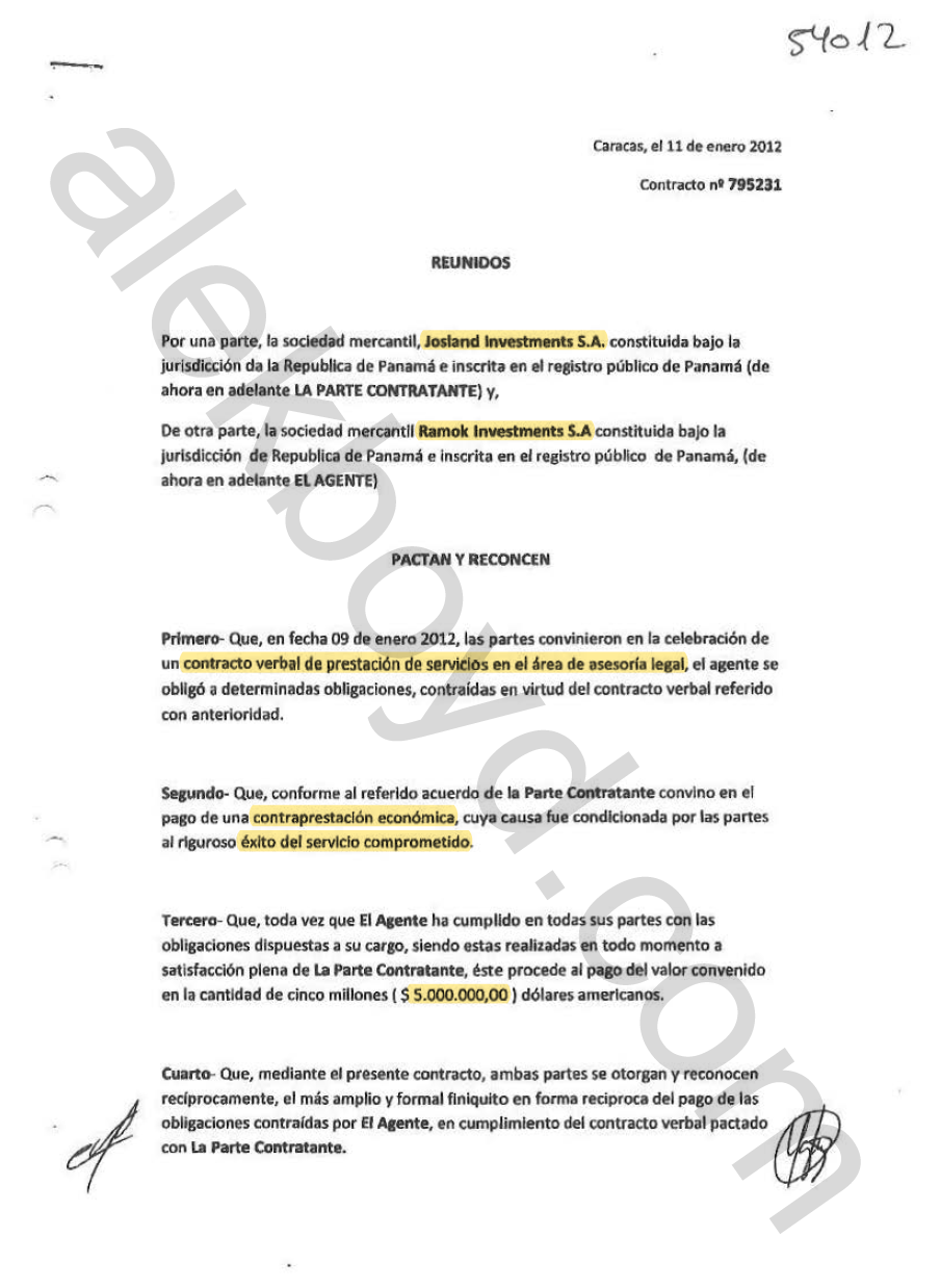 Contract between Carmelo Urdaneta Aqui and Nervis Villalobos
