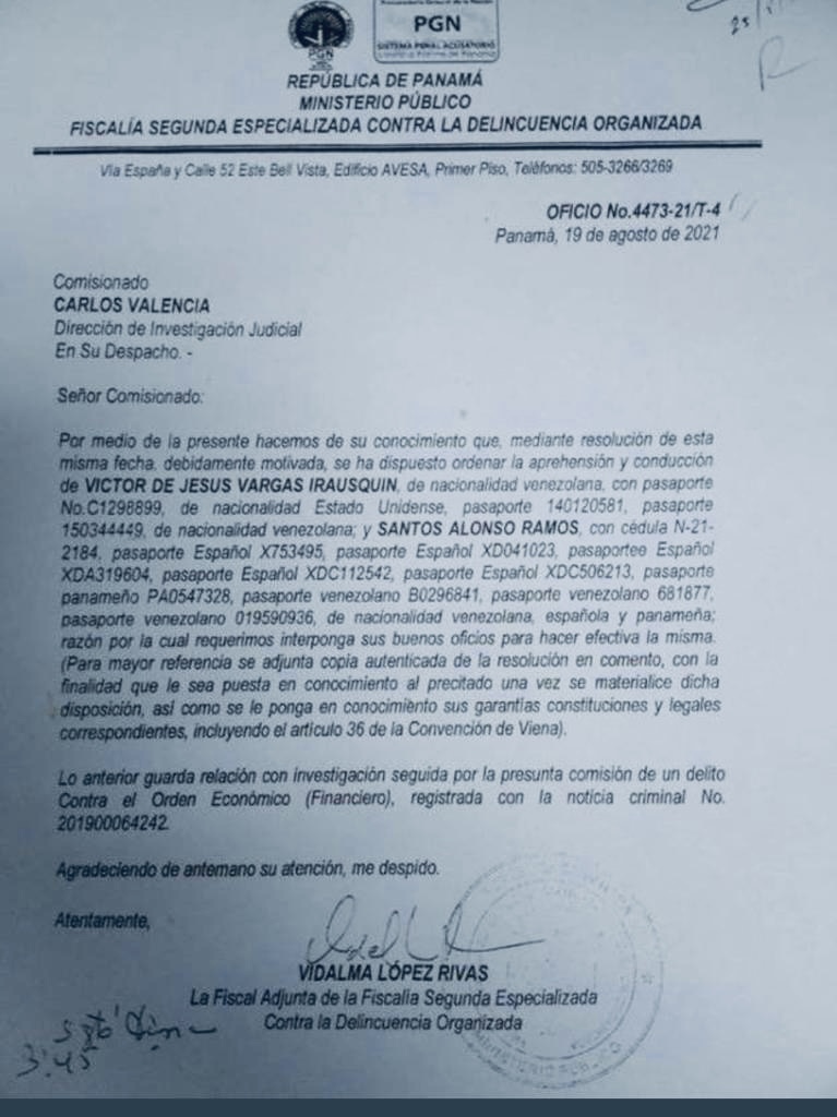 Arrest warrant for Victor Vargas in Panama