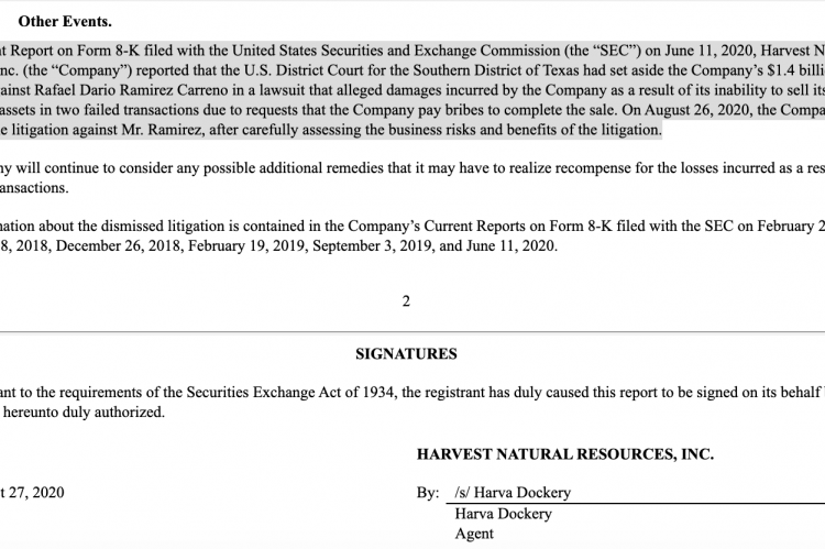 Harvest dismisses extortion case against Rafael Ramirez.