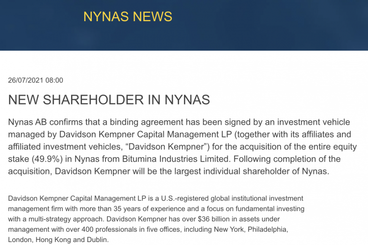 Davidson Kempner becomes Nynas' majority shareholder.