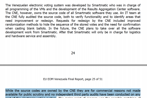 EU on Smartmatic: no independent third party audits have been conducted on any part of the electronic voting system.