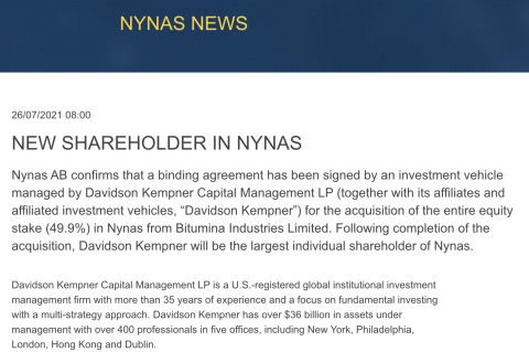 Davidson Kempner becomes Nynas' majority shareholder.