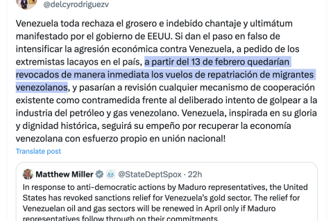 Delcy Rodriguez suspends repatriation flights for Venezuelans.